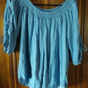 Off Shoulder Light Blue Denim-like Blouse
